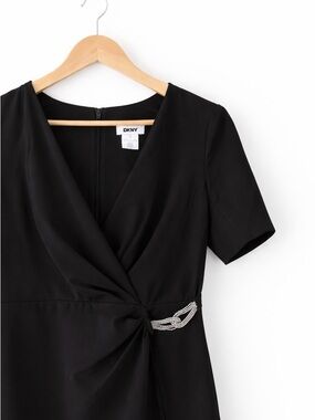 DKNY Black Short-Sleeve Wrap Dress with Decorative Accent